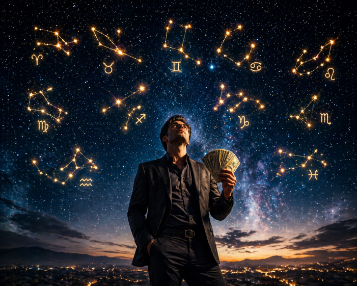 Person attracting financial success under zodiac constellations